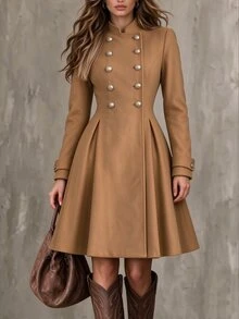 SHEIN Áo khoác len dài nữ thời trang mùa thu đông phong cách tối giản thanh lịch đi làm - Màu Khaki - Xem 2