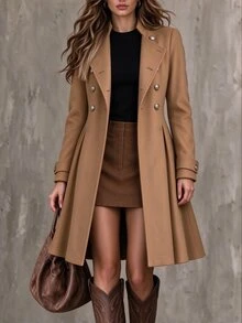 SHEIN Áo khoác len dài nữ thời trang mùa thu đông phong cách tối giản thanh lịch đi làm - Màu Khaki - Xem 7