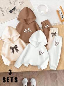 Baby Girl 3 Sets Casual Simple And Refreshing Leopard Print Butterfly LOVE Letter Printed Hooded Sweatshirt And Pants Set Winter Fall 2026 - Multicolor - View 3