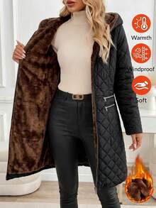 Amorya Women's Long Sleeve Zipper Front Thermal Lined Hooded Winter Jacket - Black - View 2