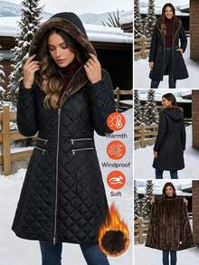 Amorya Women's Long Sleeve Zipper Front Thermal Lined Hooded Winter Jacket - Black - View 3
