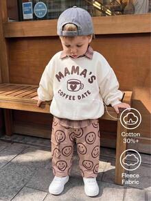 男童簡約可愛印花圓領長袖運動衫套裝嬰兒 - 米色 - 查看 1