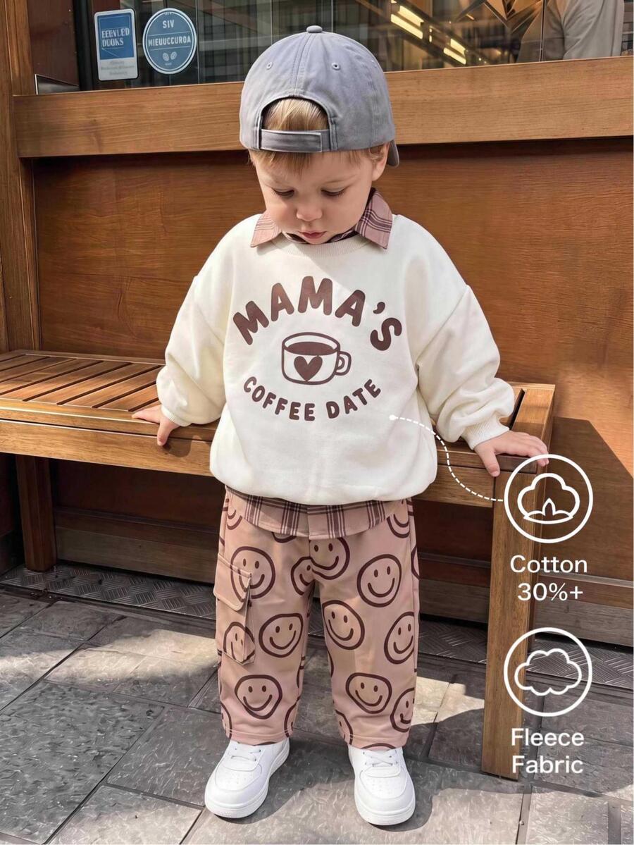 男童簡約可愛印花圓領長袖運動衫套裝嬰兒 - 米色 - 查看 1