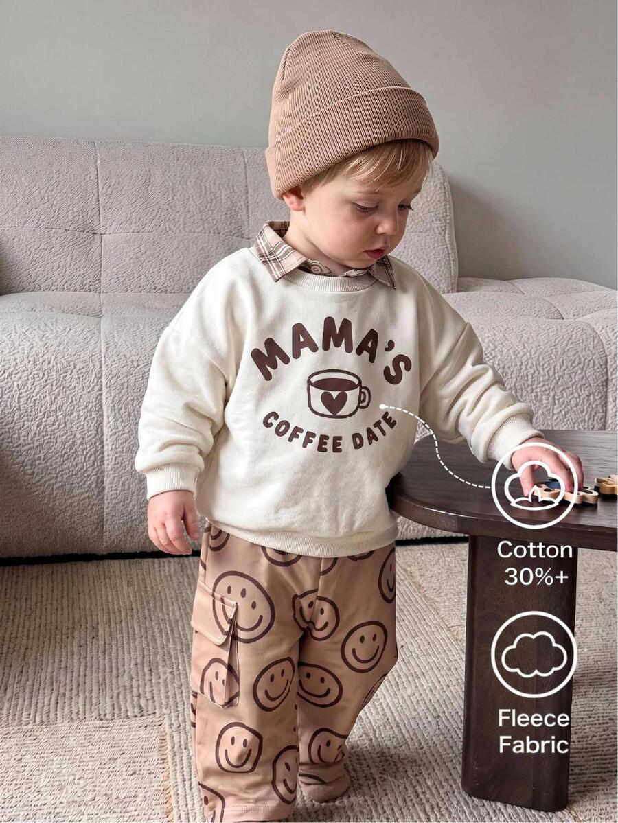 Boys' Simple Cute Print Crew Neck Long Sleeve Sweatshirt Set Baby - Beige - View 1