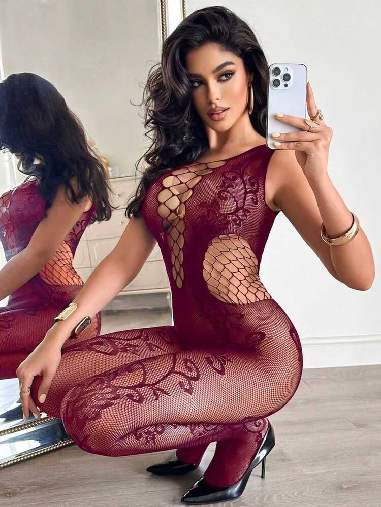 ChaseTheNight 1pc Women's Floral Sheer Sexy Bodystocking Fishnet Lingerie Halloween Honeymoon Night Burgundy Autumn - Burgundy - View 3