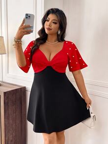 Femmeverse Plus Size Women's Red & Black Colorblock Dress, Heart Neckline, Bowknot, Beaded Flutter Sleeves, Waist-Flattering, A-Line Short Cocktail Dress - Multicolor - View 5