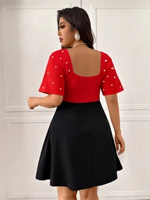 Femmeverse Plus Size Women's Red & Black Colorblock Dress, Heart Neckline, Bowknot, Beaded Flutter Sleeves, Waist-Flattering, A-Line Short Cocktail Dress - Multicolor - View 2