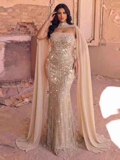 Glamrae Plus Size Elegant Lotus Champagne Luxury 3D Sequin Embroidered Strapless Neckline With 3D Sequins Chain Decor High Waist Slimming Floor Length Mermaid Skirt (Free Detachable Strapless Drape) Suitable For Date, Vacation, Bachelorette Party, Wedding, All Formal Occasions, Women's Evening Gown