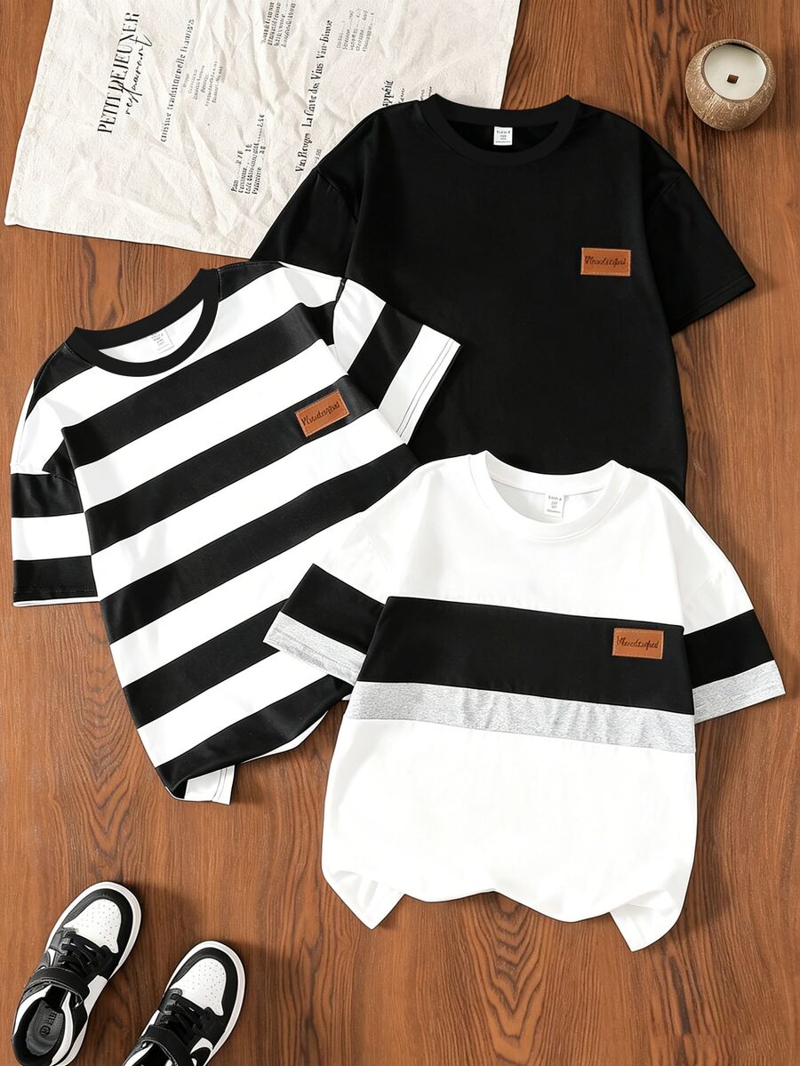 SHEIN 3pcs Young Boy Fashion Casual Crew Neck Short Sleeve T-Shirt With Leather Patch On Chest, Comfortable Fabric, Stylish Fit, Spring/Summer New Arrival, Suitable For Multiple Seasons And Occasions
