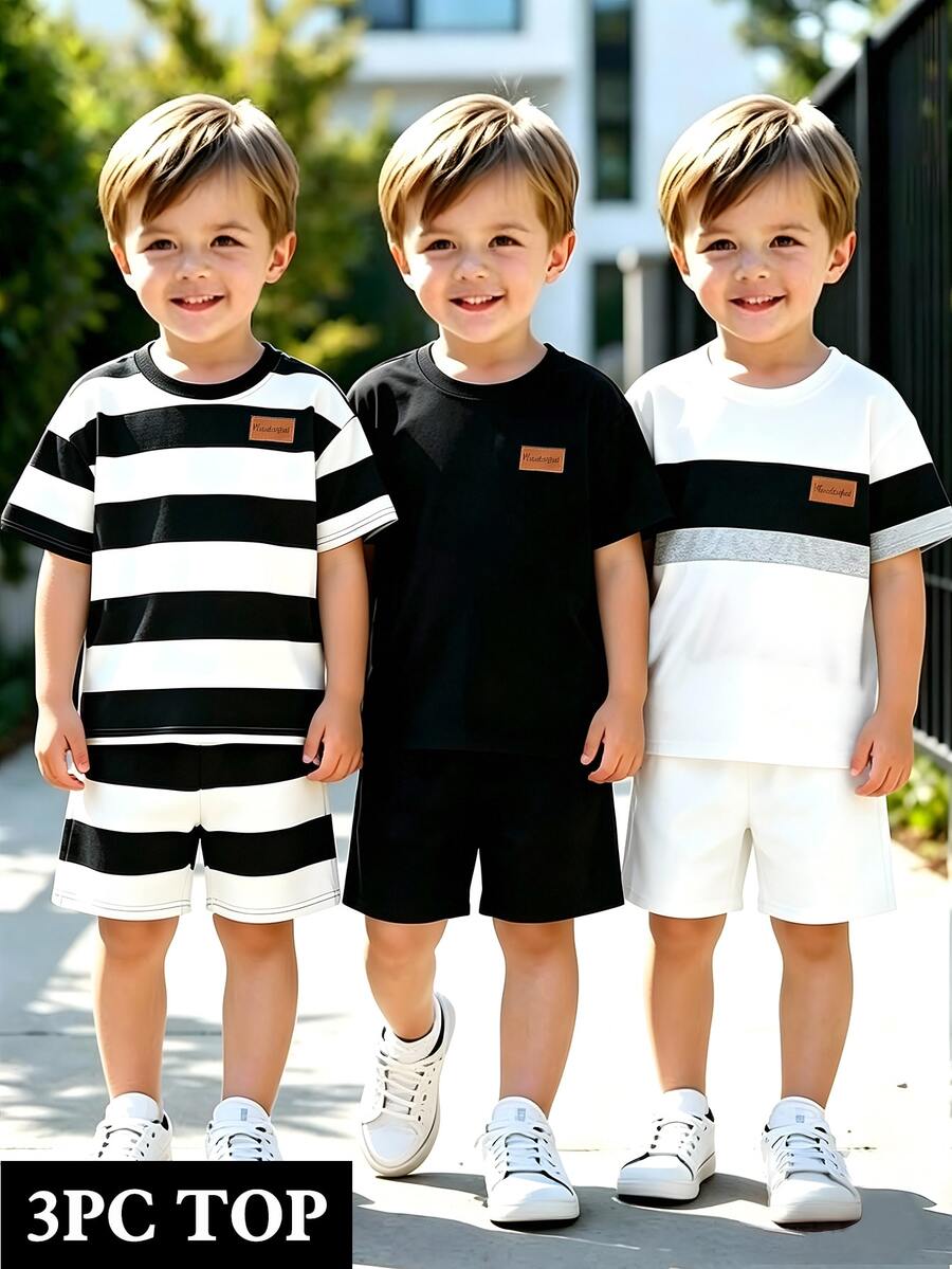SHEIN 3pcs Young Boy Fashion Casual Crew Neck Short Sleeve T-Shirt With Leather Patch On Chest, Comfortable Fabric, Stylish Fit, Spring/Summer New Arrival, Suitable For Multiple Seasons And Occasions