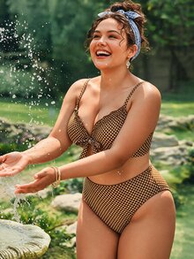 Swim Mod مجموعة ملابس سباحة بيكيني نسائية صيفية للشاطئ بنقاط بولكا مثيرة مع سروال مثلث قطعتين - بني - مشاهدة 6