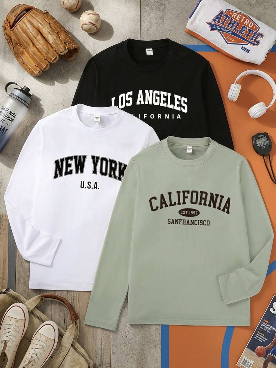 SHEIN Vacaura Tween Boys 3 Pcs Los Angeles New York California Letter Graphic Long Sleeve Tee Casual Basic Shirts Comfortable And Minimalist Autumn Outfit - Multicolor - View 1