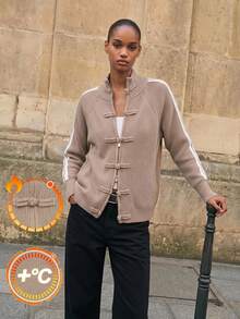 Maija Beige New Chinese Style Frog Button Striped Sporty Knit Cardigan Urban Autumn - Khaki - View 2