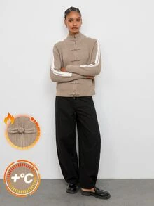 Maija Beige New Chinese Style Frog Button Striped Sporty Knit Cardigan Urban Autumn - Khaki - View 7
