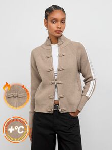 Maija Beige New Chinese Style Frog Button Striped Sporty Knit Cardigan Urban Autumn - Khaki - View 1