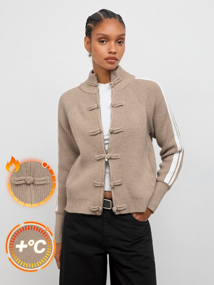 Maija Beige New Chinese Style Frog Button Striped Sporty Knit Cardigan Urban Autumn - Khaki - View 1