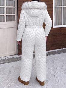 Muchica Plus Size Women's Fuzzy Patchwork Casual Daily Winter Hooded Jumpsuit Fall - White - View 2