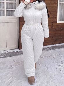 Muchica Plus Size Women's Fuzzy Patchwork Casual Daily Winter Hooded Jumpsuit Fall - White - View 5