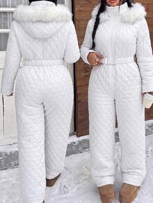 Muchica Plus Size Women's Fuzzy Patchwork Casual Daily Winter Hooded Jumpsuit Fall - White - View 1