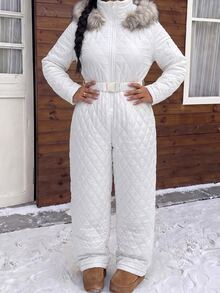 Muchica Plus Size Women's Fuzzy Patchwork Casual Daily Winter Hooded Jumpsuit Fall - White - View 3