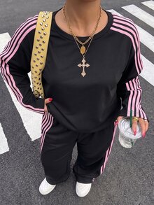 Muchica 大尺碼女款側條紋運動衫與運動長褲休閒兩件套 秋季 - 黑色 - 查看 4