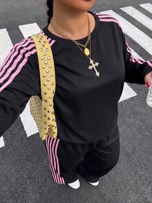 Muchica 大尺碼女款側條紋運動衫與運動長褲休閒兩件套 秋季 - 黑色 - 查看 5