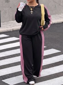 Muchica 大尺碼女款側條紋運動衫與運動長褲休閒兩件套 秋季 - 黑色 - 查看 1