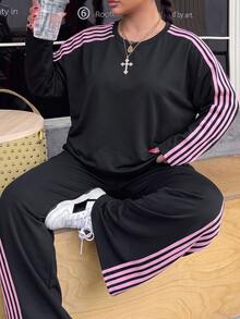 Muchica 大尺碼女款側條紋運動衫與運動長褲休閒兩件套 秋季 - 黑色 - 查看 7