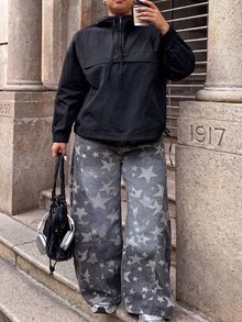 Muchica 大尺碼女款海軍藍休閒半拉鍊抽繩連帽外套，時尚秋季連帽外套 - 藏蓝色 - 查看 7