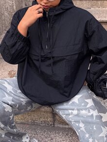 Muchica 大尺碼女款海軍藍休閒半拉鍊抽繩連帽外套，時尚秋季連帽外套 - 藏蓝色 - 查看 4