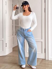 SHEIN EZwear Plus Size Women's Black Long Sleeve Scoop Neck Basic Shirt Top Fall - White - View 5