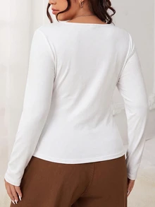 SHEIN EZwear Plus Size Women's Black Long Sleeve Scoop Neck Basic Shirt Top Fall - White - View 2