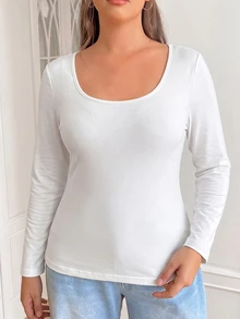 SHEIN EZwear Plus Size Women's Black Long Sleeve Scoop Neck Basic Shirt Top Fall - White - View 7