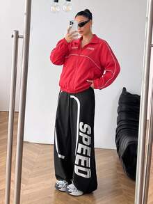 SHEIN EZwear Plus Size Women's Letter Print Zipper Casual Daily Long Sleeve Jacket Fall - Red - View 7
