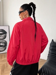 SHEIN EZwear Plus Size Women's Letter Print Zipper Casual Daily Long Sleeve Jacket Fall - Red - View 2