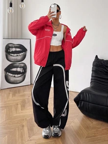 SHEIN EZwear Plus Size Women's Letter Print Zipper Casual Daily Long Sleeve Jacket Fall - Red - View 6