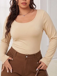 SHEIN EZwear Plus Size Women's Black Long Sleeve Scoop Neck Basic Shirt Top Fall - Apricot - View 4