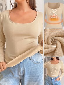 SHEIN EZwear Plus Size Women's Black Long Sleeve Scoop Neck Basic Shirt Top Fall - Apricot - View 1