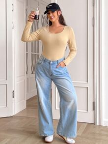 SHEIN EZwear Plus Size Women's Black Long Sleeve Scoop Neck Basic Shirt Top Fall - Apricot - View 5