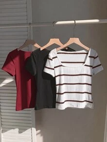 Comfortcana 3件組棕色與白色條紋素色大尺碼女款短袖T恤套裝 - 酒紅色 - 查看 4