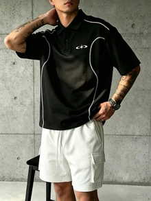 GymRaken Men's Contrast Trim Short Sleeve Sports Sporty Athleisure Polo T-Shirt Gym Workout Black And White Summer - Black - View 4