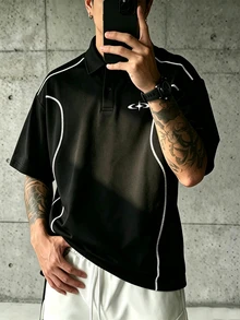 GymRaken Men's Contrast Trim Short Sleeve Sports Sporty Athleisure Polo T-Shirt Gym Workout Black And White Summer - Black - View 2