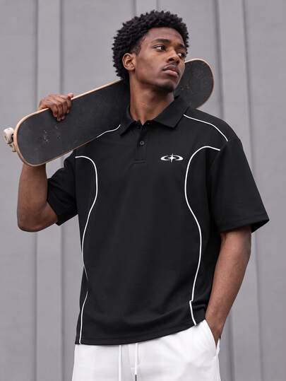 GymRaken Men's Contrast Trim Short Sleeve Sports Sporty Athleisure Polo T-Shirt Gym Workout Black And White Summer