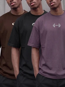 GymRaken Men's 3pcs Graphic Print Short Sleeve Sports T-Shirt, Gym - Black - View 1