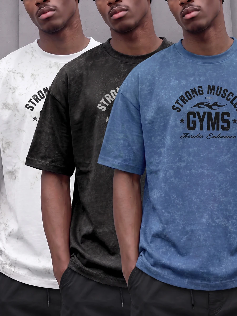 GymRaken Men's Letter Print Short Sleeve Casual Fitness Sports T-Shirt - Blue - View 1
