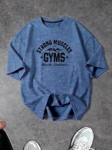 GymRaken Men's Letter Print Short Sleeve Casual Fitness Sports T-Shirt - Blue - View 4
