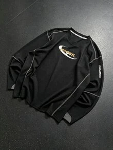 GymRaken Men's Letter Print Striped Colorblock Crew Neck Sports T-Shirt - Black - View 2