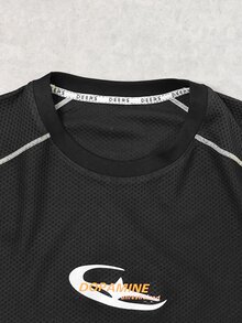 GymRaken Men's Letter Print Striped Colorblock Crew Neck Sports T-Shirt - Black - View 4