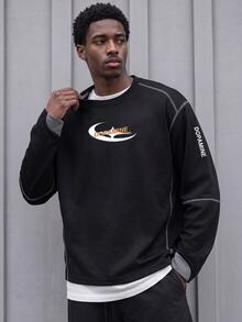 GymRaken Men's Letter Print Striped Colorblock Crew Neck Sports T-Shirt - Black - View 1