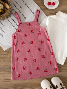 SHEIN 女童櫻桃圖案鈕扣背心洋裝 秋季少女設計款 - 粉色 - 查看 4